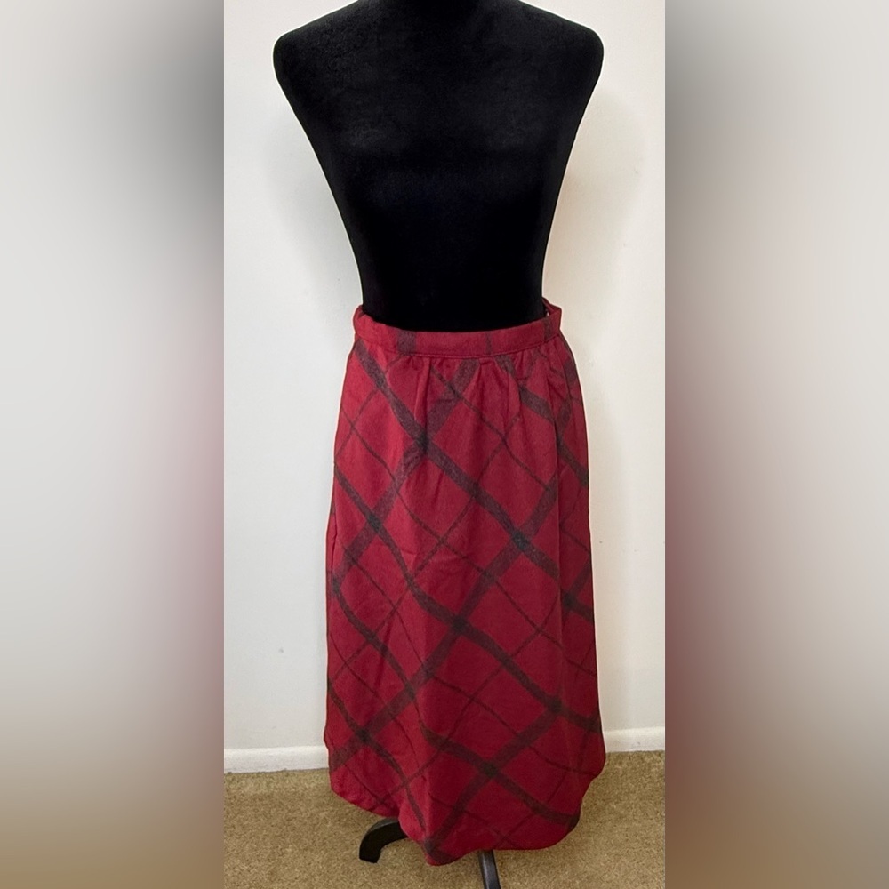 Vintage Russ Togs Red Gray plaid midi wool blend Christmas skirt pockets 12 EUC - Picture 8 of 9